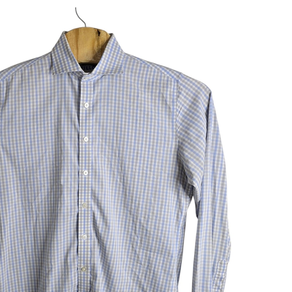 TWILLORY Men's Blue Gingham‎ Tailored Fit Dress Shirt Performance Fabric Size 16